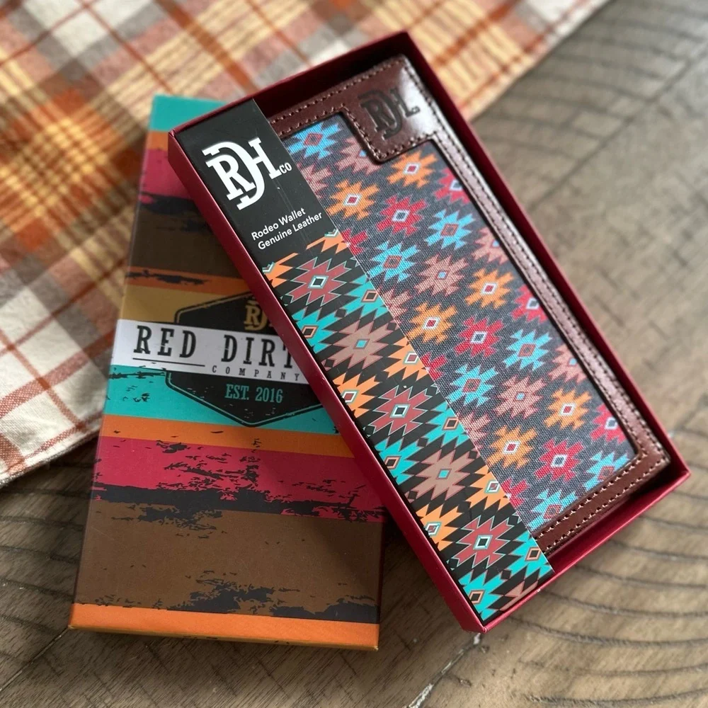 New Red Dirt Western Wallet Mens Rodeo Leather Southwestern Canvas Inlay Aztec